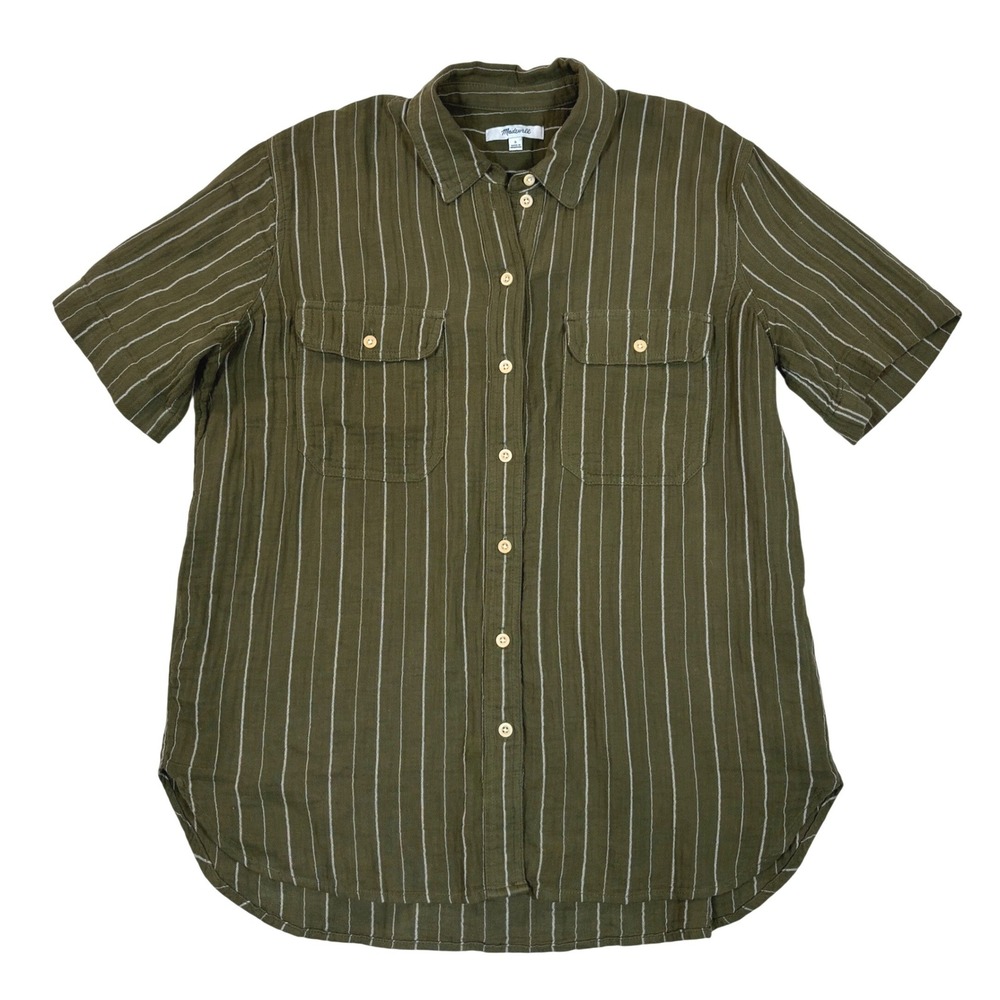 Madewell Lightspun Flap-Pocket Olive Green Striped Button Front Oversize Shirt S